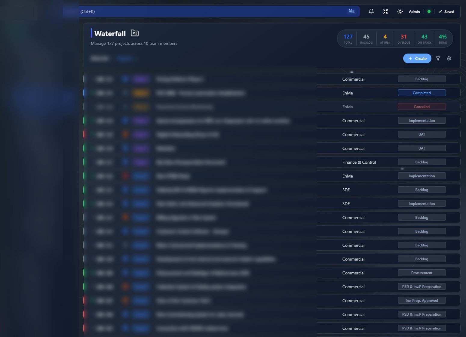 Orbit project list — dark theme